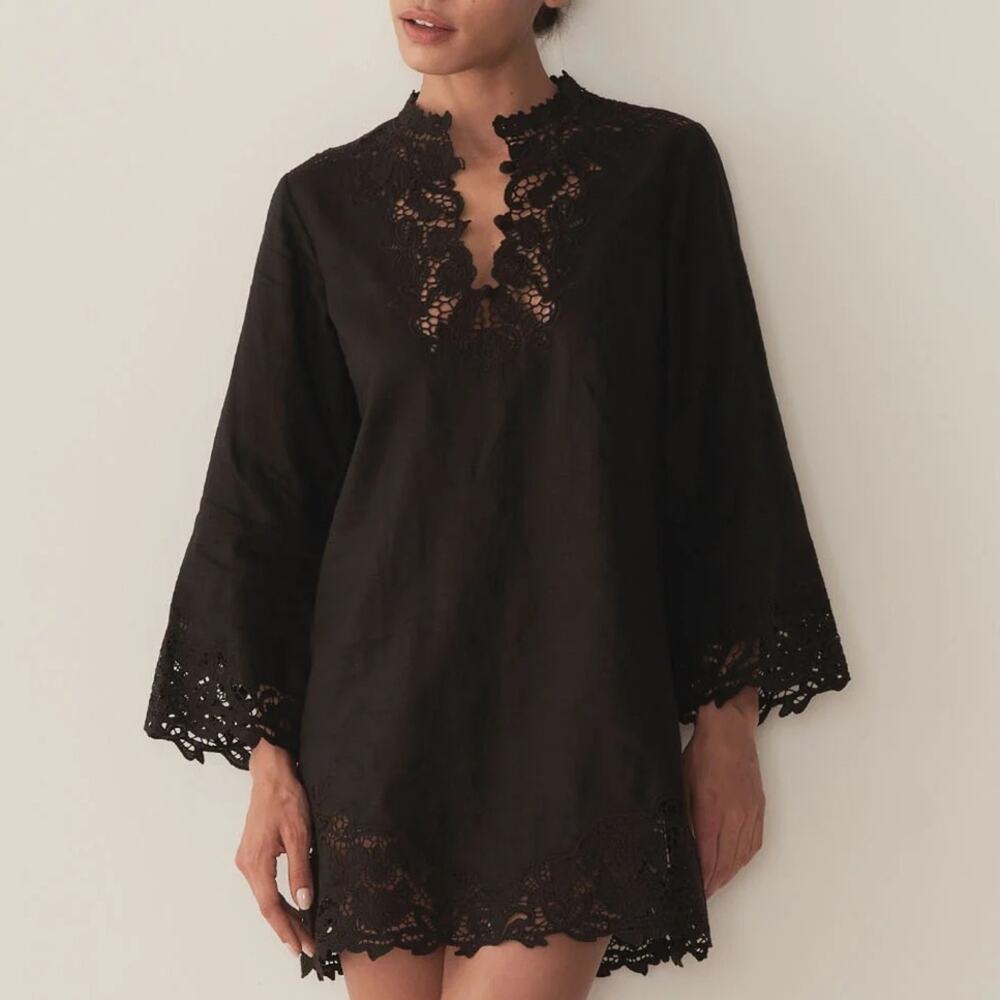 NWT Doen Roselie Linen Lace Crochet Collar 3/4 Sleeve Tunic Mini Dress Black - Picture 2 of 16